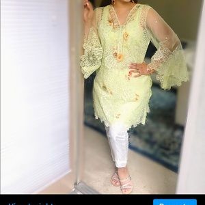 Green flowy sleeves 3D flowers ethnic wear desi